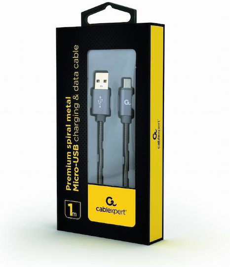 Cablexpert Premium Spiral Metal Неръждаем USB 2.0 до микро USB кабел Сив 1м (CC-USB2S-AMMBM-1M-BG) 1бр