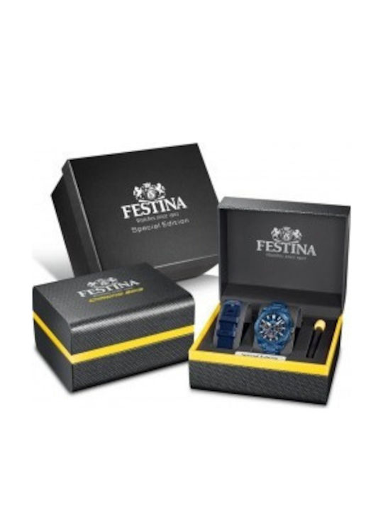 Festina Bike Diver Ανδρικό Ρολόι Χρονογράφος Μπαταρίας με Μπλε Μεταλλικό Μπρασελέ