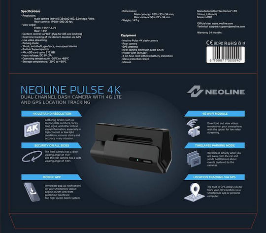 Neoline Pulse Set Camera DVR Auto 4K pentru Parbriz cu Autocolant & Camera de Marsarier