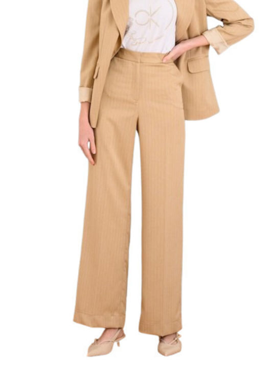 Damen Stoff Hose mit Gummizug in Gerader Linie Gestreift Beige
