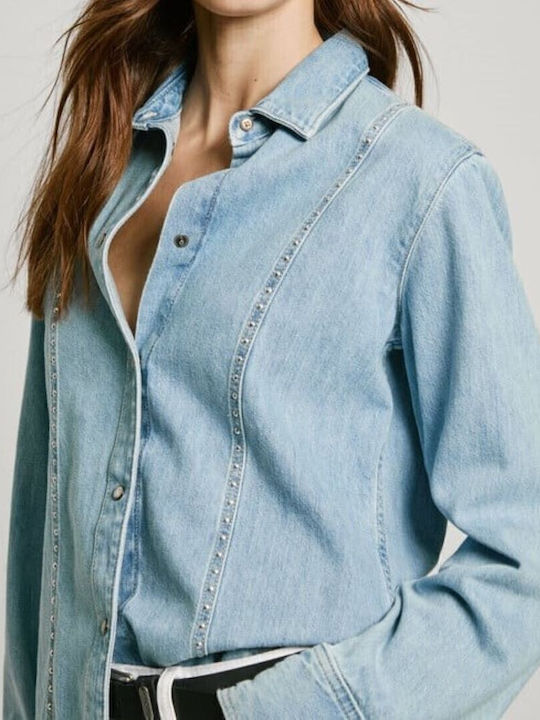 Belle Stud Μακρυμάνικο Γυναικείο Τζιν Πουκάμισο Denim