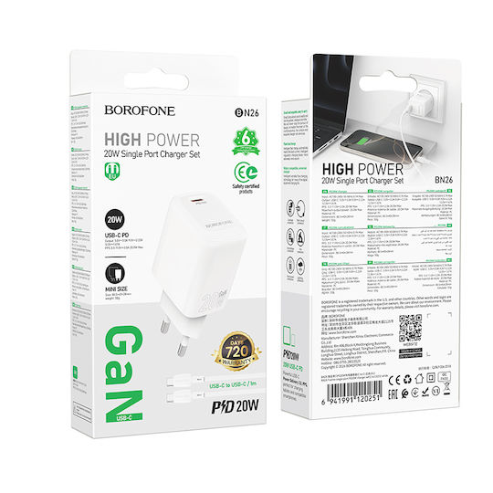 Borofone Charger with USB-C Port and Cable USB-C - USB-C 20W Power Delivery / Quick Charge 3.0 Whites (BN26 Fuente)
