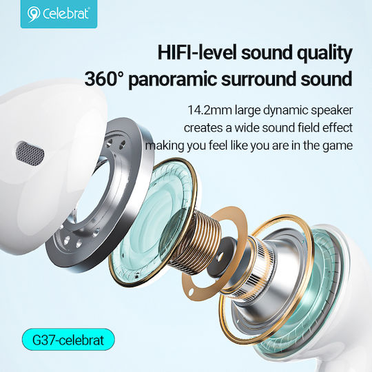 Celebrat G37 In-ear Handsfree Ακουστικά με Βύσμα USB-C Λευκό