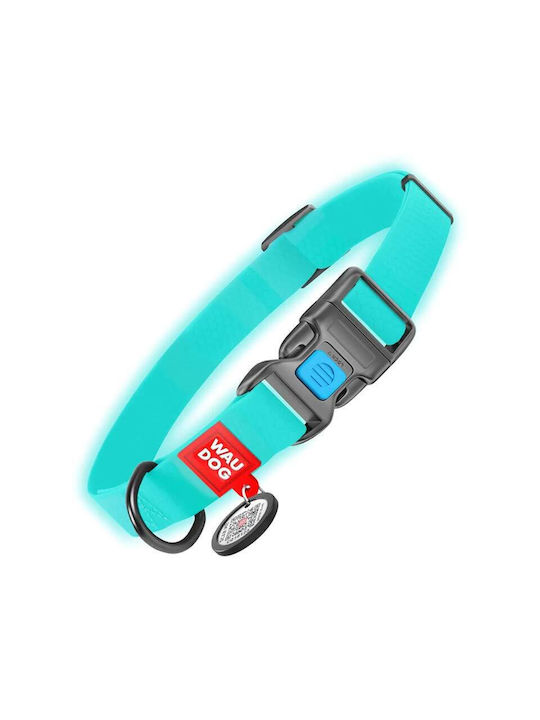 WauDog Dog Collar in Turquoise color Waterproof Phosphorescent with Smart ID & Plastic Buckle 23 - 35cm