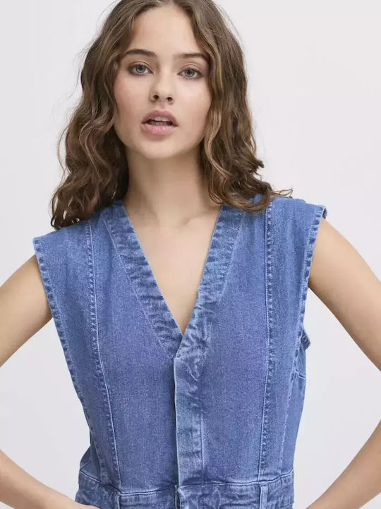Sommer Mini Denim Kleid Waschig Mittelblau