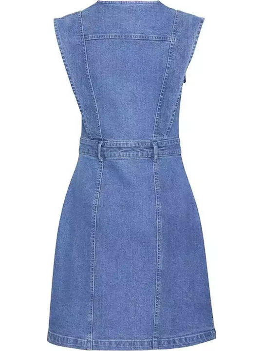 Sommer Mini Denim Kleid Waschig Mittelblau