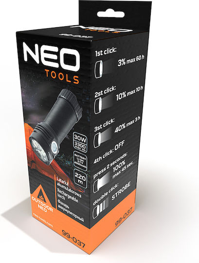 Neo Tools Wiederaufladbar Taschenlampe LED IPX4 mit maximaler Helligkeit 3300lm Osram P9