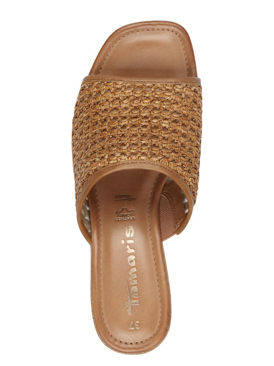 Leather Mules with Chunky Heel in Tabac Brown Color