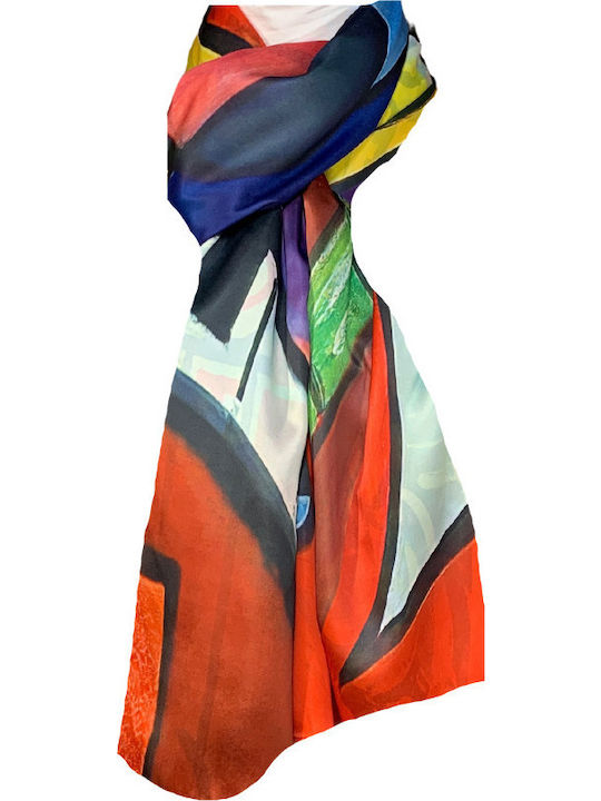 Eșarfă pictată dublă P2 Dacali mătase roșu galben 180x70cm
