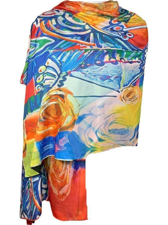 Eșarfă pictată dublă P2 Dacali mătase roșu galben 180x70cm