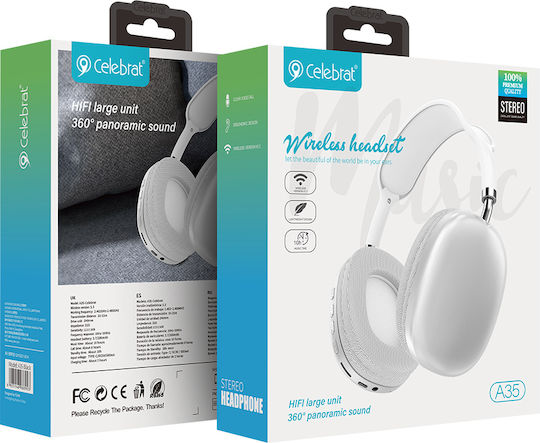 Celebrat A35 Wireless / Wired Over Ear Headphones with 10 hours of Operation White