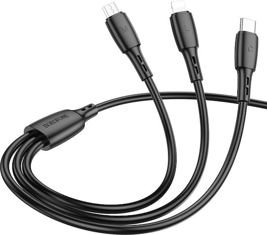 Borofone USB to Lightning / Type-C / micro USB Cable 2A Μαύρο 1m