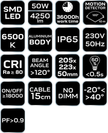 Neo Tools Waterproof LED Floodlight 50W Cold White 6500K with Motion Sensor IP65