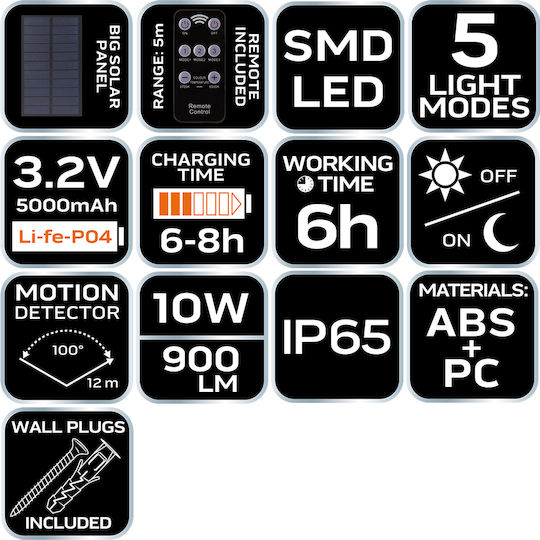 Neo Tools Wall Mounted Solar Light 10W 900lm with Motion Sensor, Photocell and Remote Control IP65