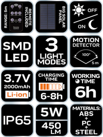 Neo Tools Street Solar Light 5W 450lm with Motion Sensor, Photocell and Remote Control IP65