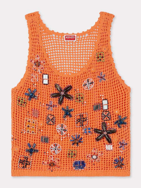 Women's Sleeveless Sweater Cotton Floral Orange