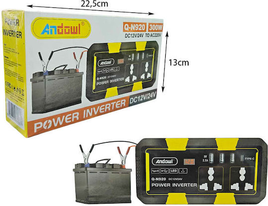 Andowl Qn920 Invertor Auto 300W pentru Convertirea 12V DC în 220V AC cu 3xUSB
