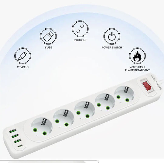 Leewello LW-196 Power Strip with Surge Protection 5 Positions with 3 USB-A, USB-C and Cable 2m