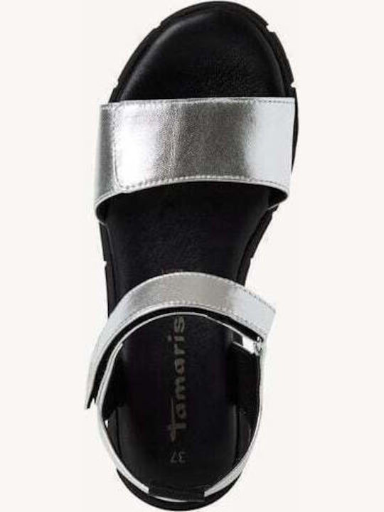 Leather Women's Flat Sandals in Silver Color