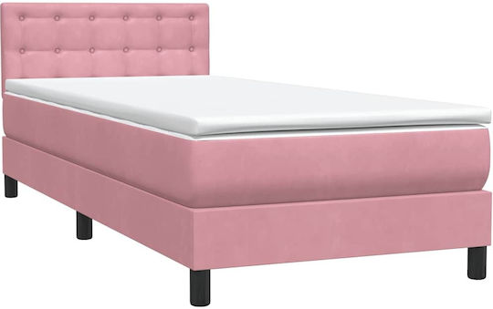 Pat Single Tapitat Cu Material Textil Roz Cu Plăci Și Saltea 90x210cm