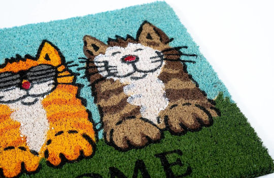 Sdim Fußmatte aus Kokosnussfasern mit rutschfester Unterlage Ruco Print 749 Welcome Cats Blau 40x60cm Dicke 15mm