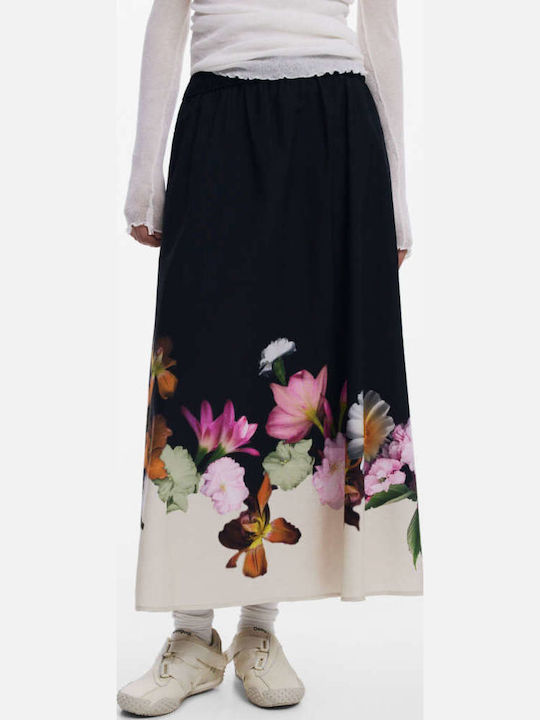 Lindo Hoch tailliert Midi Rock Blumen Schwarz