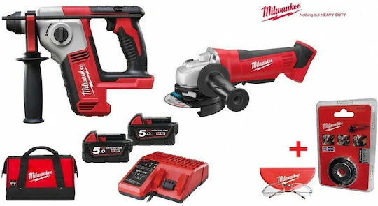 Milwaukee M18 BHAG-502B Сет Ъглово колело & Чук 18V с 2 батерии 5Ах и куфар с Защитни очила