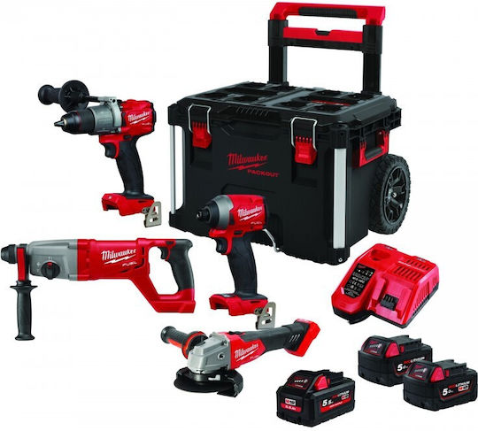 Milwaukee FPP4C2-553P Set Angle Wheel & Impact Drill Driver & Impact Screwdriver & Hammer 18V with 3 Batteries 5Ah - 5.5Ah and Case