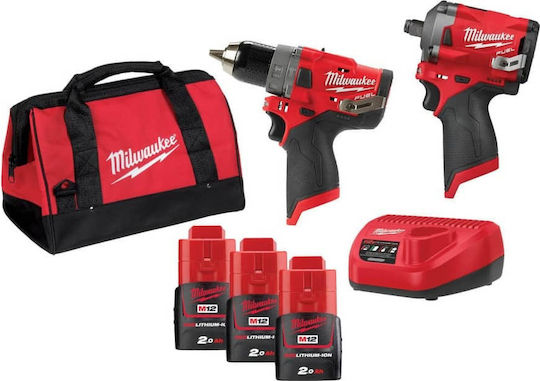 Milwaukee M12 FPDFIW2A-202B Set Impact Driver & Impact Drill Driver 12V with 3 Batteries 2Ah and Case