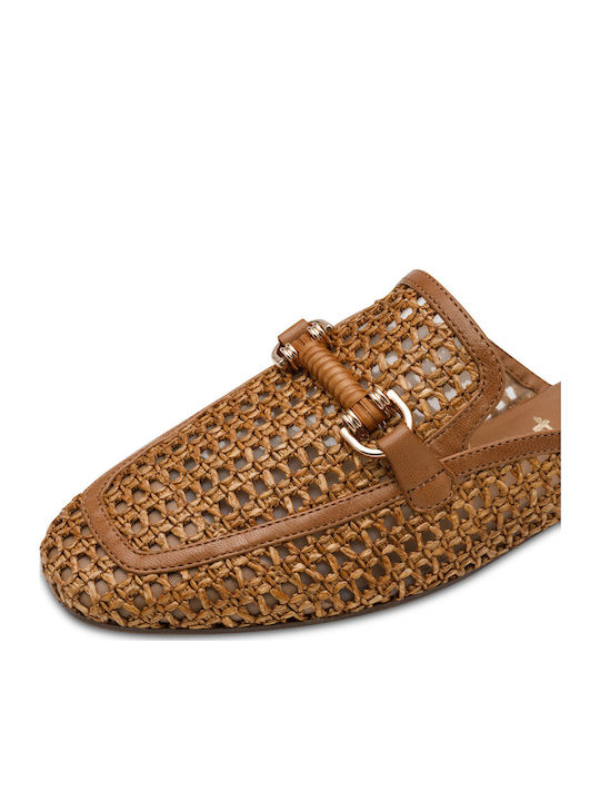 Flat Leather Mules in Tabac Brown Color