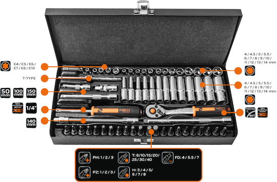 Neo Tools Καστάνια με Καρυδάκια 1\4" 63τμχ