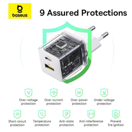 Baseus Ladegerät ohne Kabel mit USB-A Anschluss und USB-C Anschluss 30W Weißs (Palm)