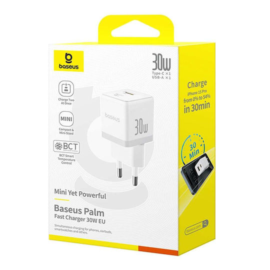 Baseus Ladegerät ohne Kabel mit USB-A Anschluss und USB-C Anschluss 30W Weißs (Palm)