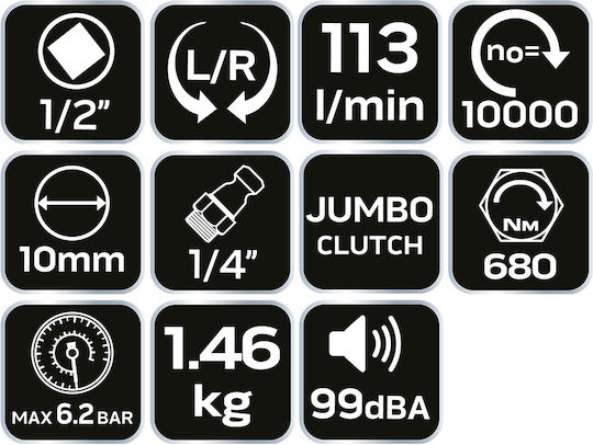 Neo Tools 14-006 Luftschlagschrauber 1/2" mit Maximalem Drehmoment 69,34kgm