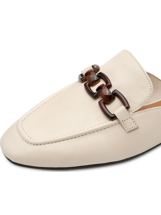 Flat Leather Mules in Ecru Color