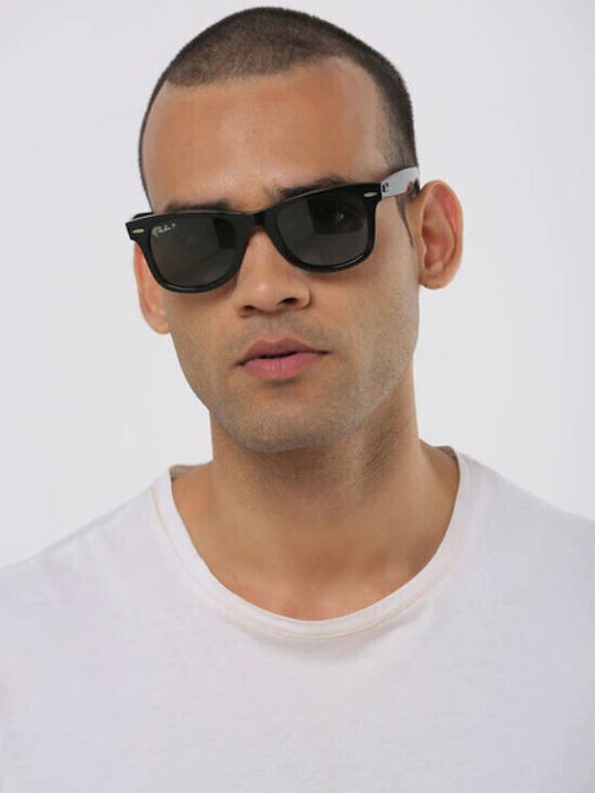 Ray Ban Wayfarer Unisex Sunglasses with Black Plastic Frame and Green Polarized Lens RB2140 901/58
