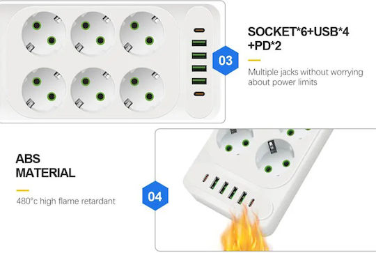 Leewello Power Strip 6 Sockets with 4 USB-A 2 USB-C and 2m Cable
