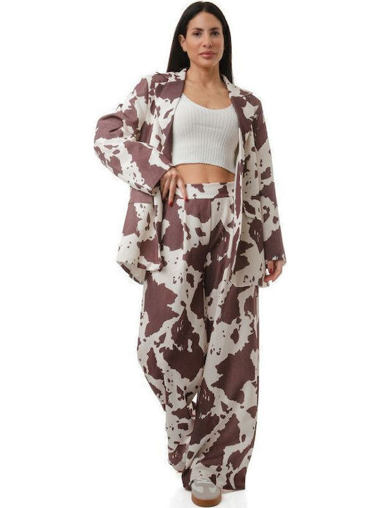 Καφέ Σετ Παντελόνα Σακάκι Animal Print