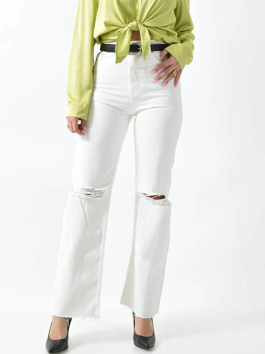 Hoch tailliert Damenjeans mit Rissen in Schlanker Passform White