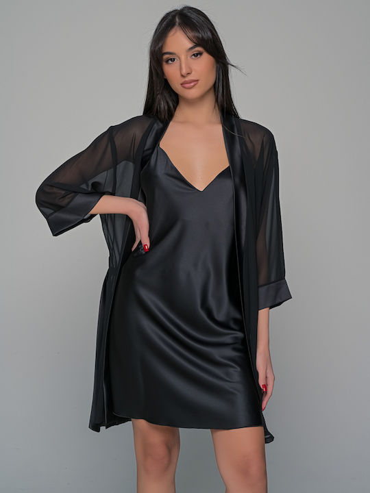 Milena by Paris Καλοκαιρινή Γυναικεία Σατέν Ρόμπα Μαύρο Milena by Paris Καλοκαιρινή Γυναικεία Σατέν Ρόμπα Μαύρο