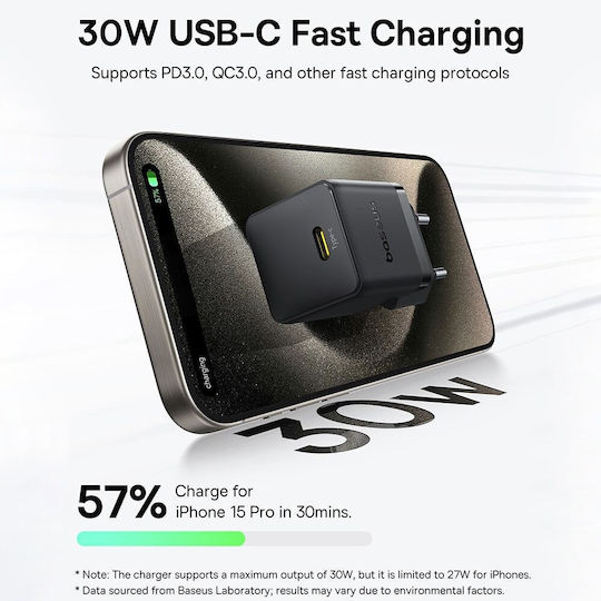 Baseus Încărcător Fără Cablu cu Port USB-C 30W Livrarea energiei Negruς (Palm)