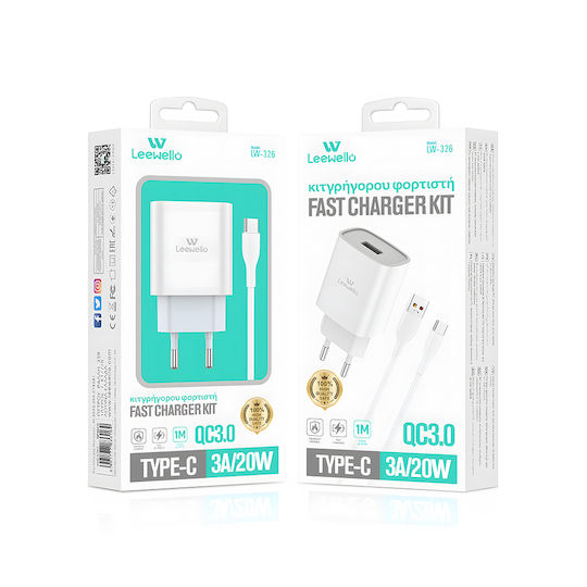 Leewello Încărcător cu Port USB-A și Cablu USB-C 20W Quick Charge 3.0 Albς (LW-326)