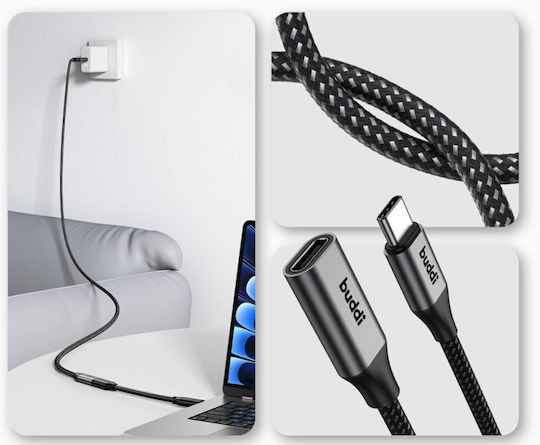 Buddi Braided USB 2.0 Cable USB-C male - USB-C female 60W Black 1m
