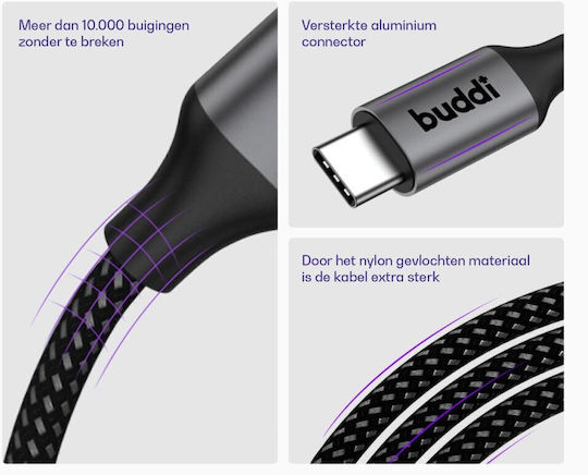 Buddi Braided USB 2.0 Cable USB-C male - USB-C female 60W Black 2m