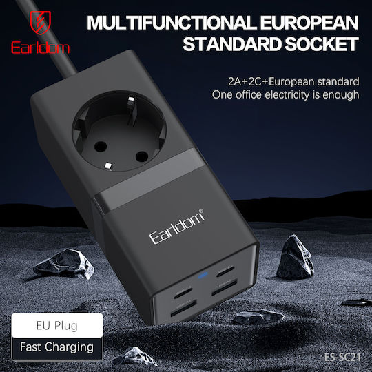 Earldom Μονόπριζο με USB-A, 2 USB-C και Καλώδιο 1m