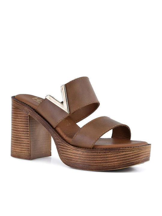 Leather Mules with High Heel in Brown Color