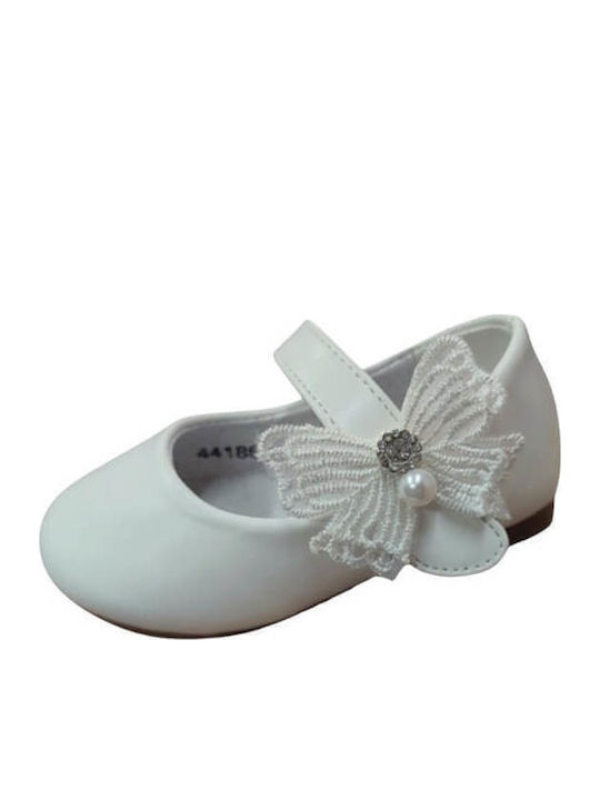 Kids Leather Ballerinas with Hoop & Loop Closure White