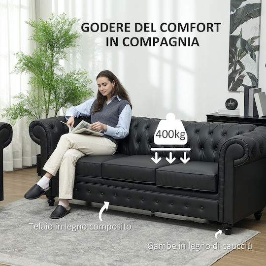 Three-Seater Couch Artificial Leather Black Velvet-Black Metal 213x86x79cm
