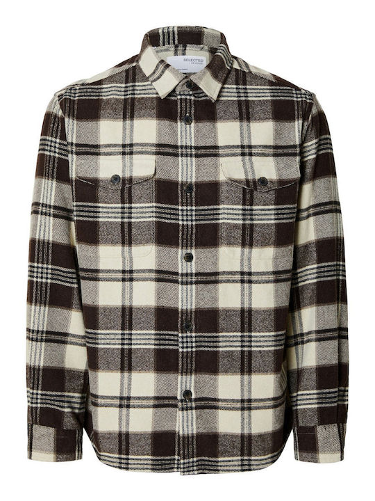 Herrenhemden Langärmeliges Overshirt in Breite Linie Geprüft Braun