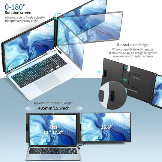 Monitor Portabil Extensibil Qova 15.6" FHD IPS Display 13"-17.3" Laptopuri Design Ultra-subțire 1080p USB-C/HDMI Ecran Extern Laptop Gaming Birou Călătorie Compatibil Windows Mac Linux Switch PS5 Plug Play